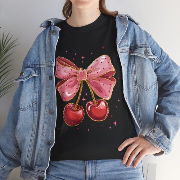 Valentine Cherries Tee Love T-Shirt Gift Shirt Valentines Day Top - Picture 3 of 11